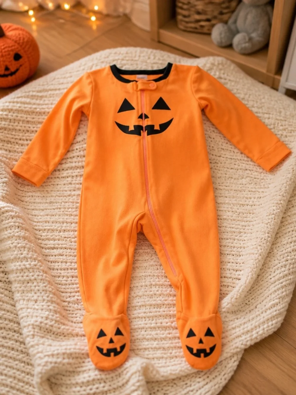 The Children's Place Orange Jack-O'-Lantern Footed Pajamas Sz 9/12 Months